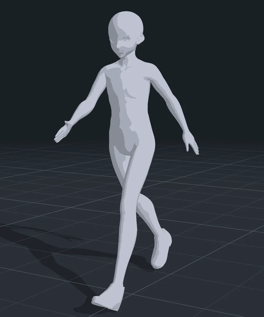 A grey figure mid-stride, toon-shaded with an ink outline, standing on a ground grid.
